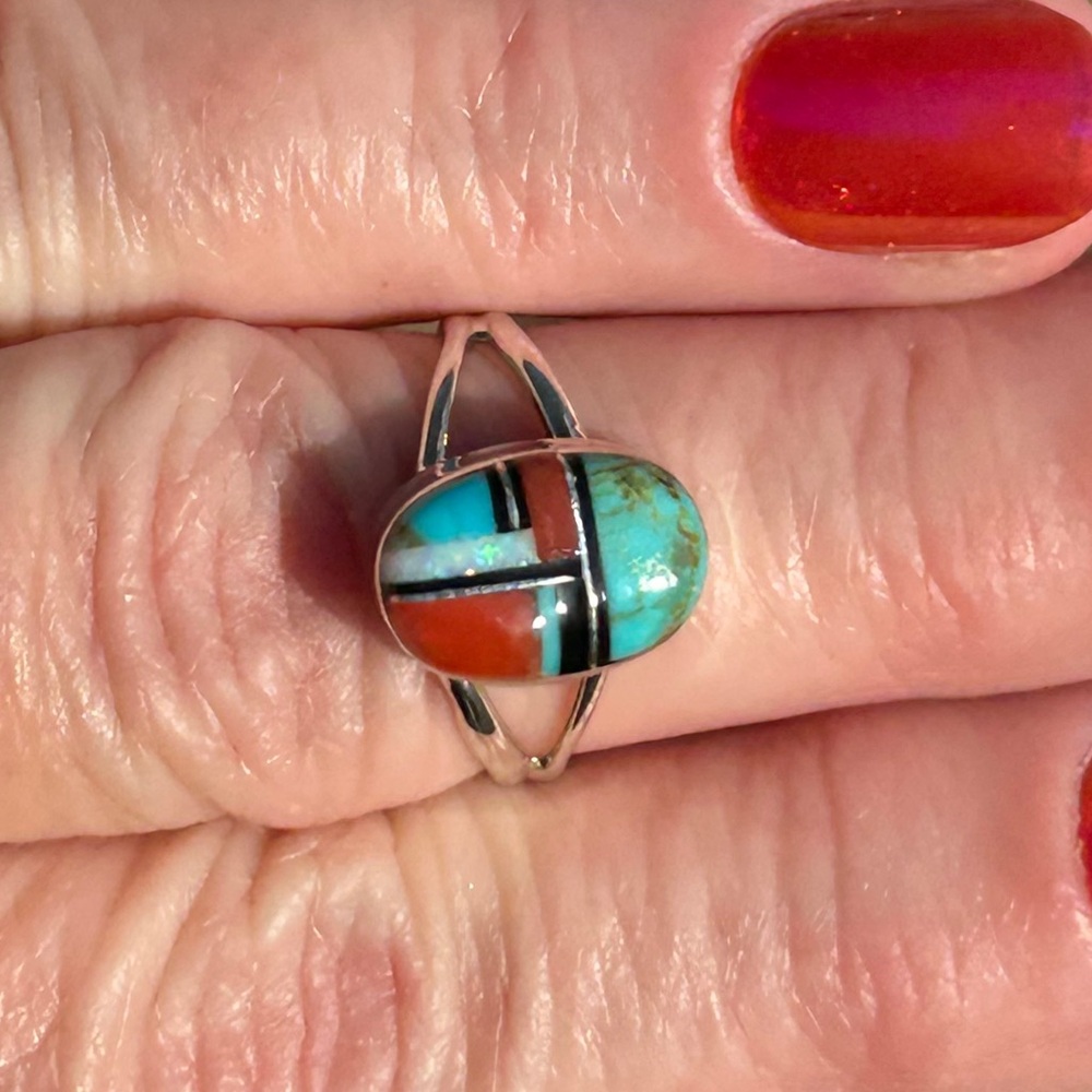 Zuni Navajo Made Sterling Silver Multi-Stone Inlay Ring - Picture 2 of 7